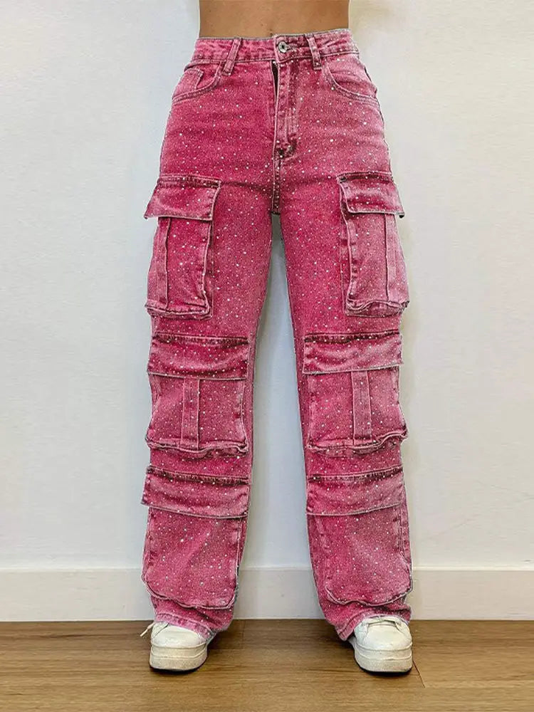 Rhinestones Jeans Women Multiple Pockets High Waist Pants