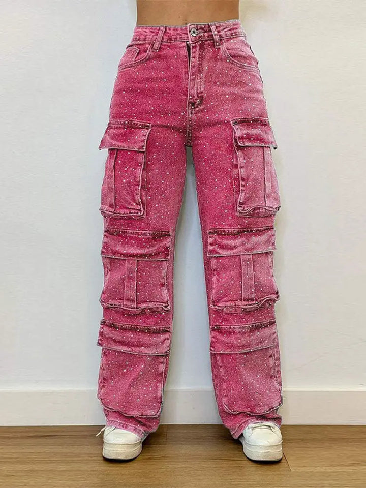 Rhinestones Jeans Women Multiple Pockets High Waist Pants