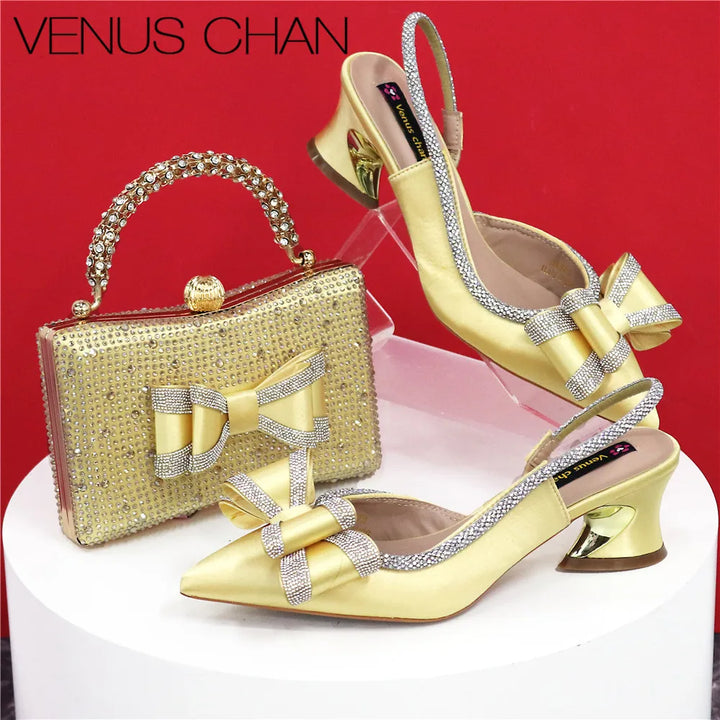 Women Hollowed Out Embroidery Rhinestone Shoes and Bag
