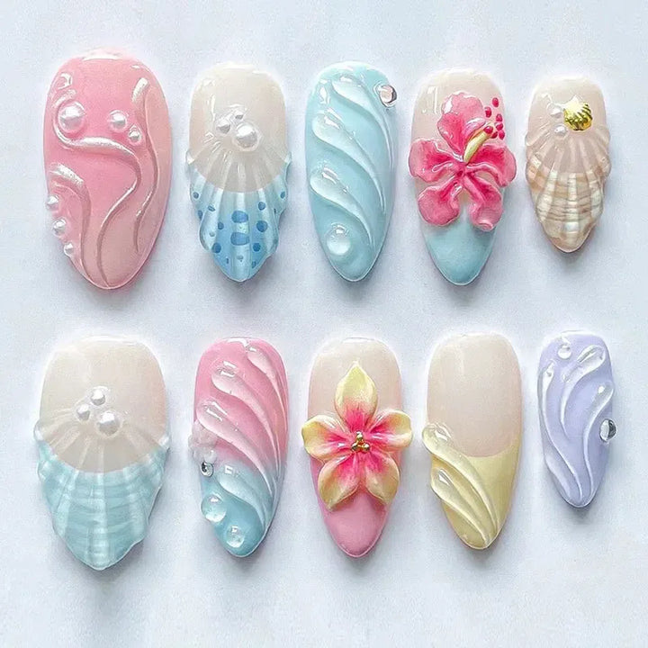 Gradient Pink Almond Press-On Nails – 24 Pcs Flower &amp; Pearl Design False Nails-Nails-Bennys Beauty World