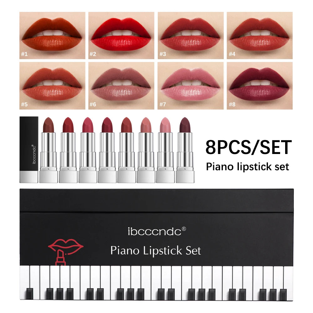 8Pcs/Set Velvet Matte Lipstick Set Long-Lasting Waterproof Piano Lipstick