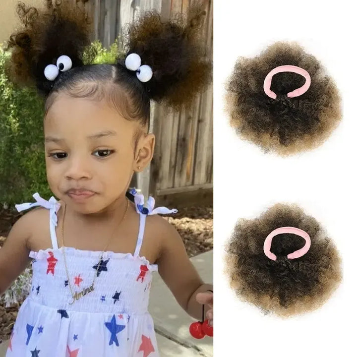 2Pcs/pack Afro Puff Hair Bun for Kids Synthetic Kinky Curly Hair Ponytail Extensions with Hair Tie Cute Hair Bun Wig for Kids-Bennys Beauty World