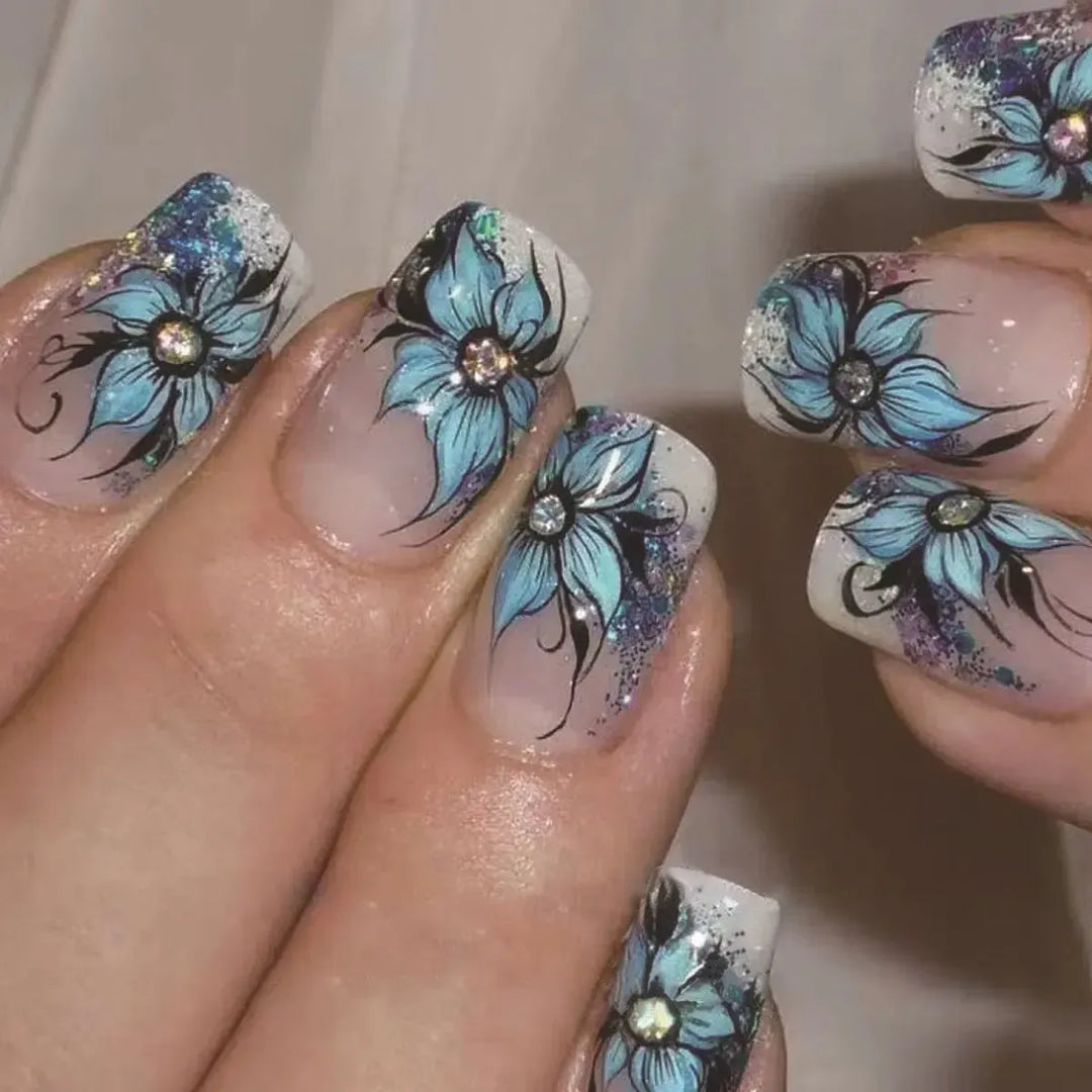 Long Coffin Press-On Nails – 24 Pcs Gradient Flower Design Reusable False Nails-Bennys Beauty World