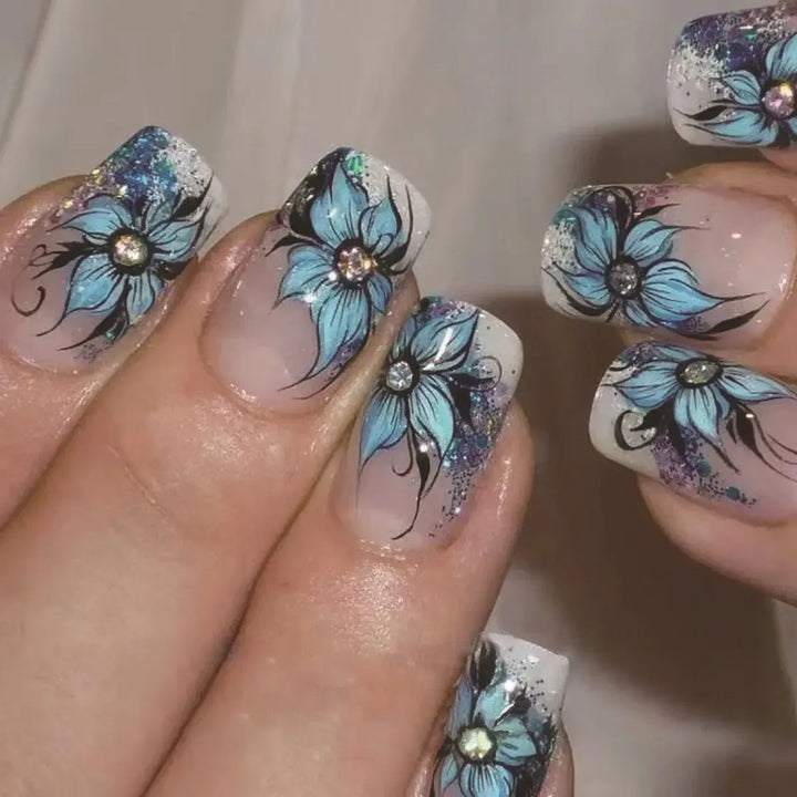 Long Coffin Press-On Nails – 24 Pcs Gradient Flower Design Reusable False Nails-Bennys Beauty World