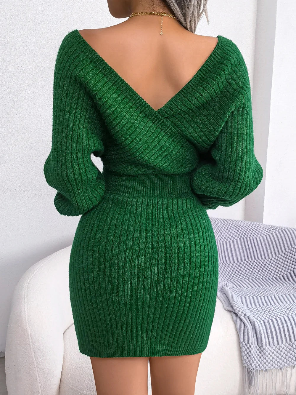 V-neck Bat Sleeve Lift Hip Sweater Dress