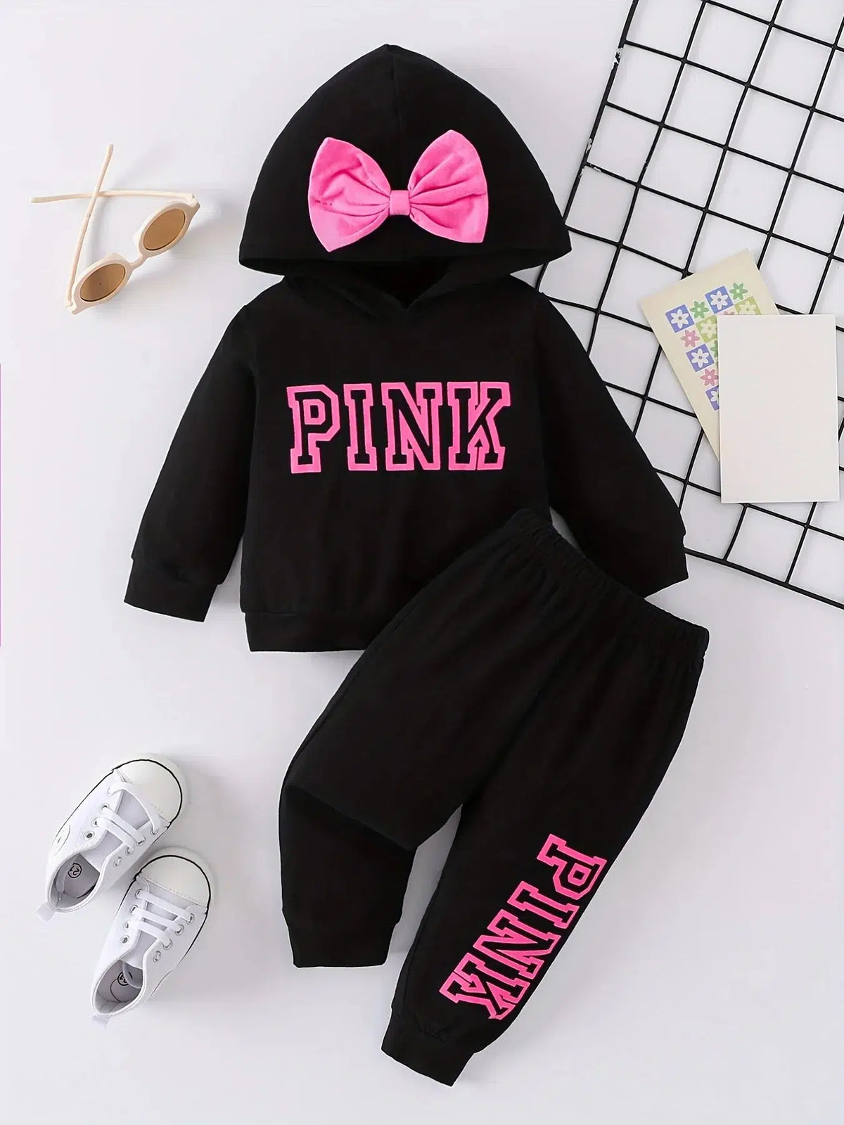 Toddler lively girl baby bow decorated alphabet printed hooded top and pants-kids clothing-Bennys Beauty World