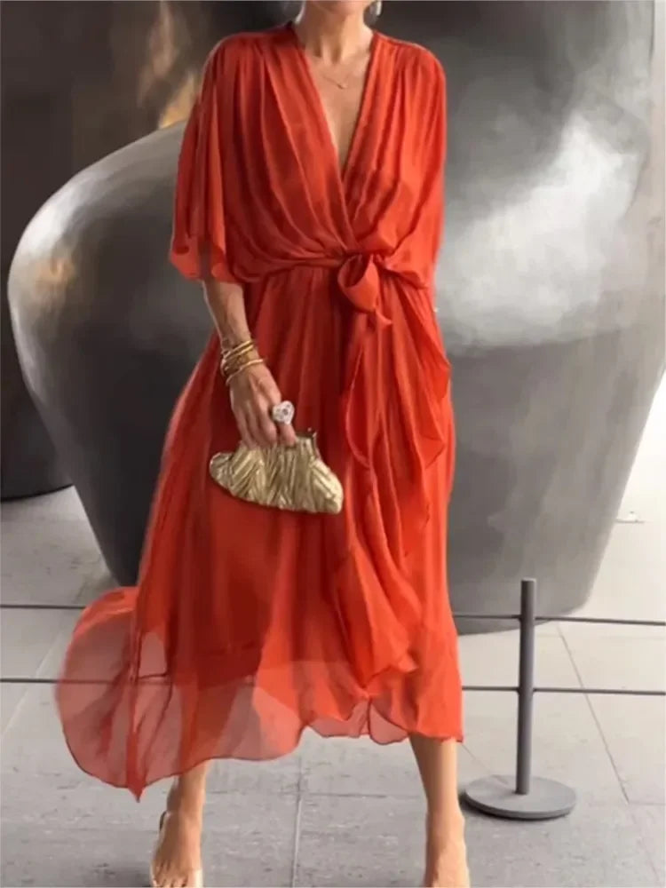 Women's Summer Dresses Solid Color Bat Sleeves Long Dress-Dresses-Bennys Beauty World