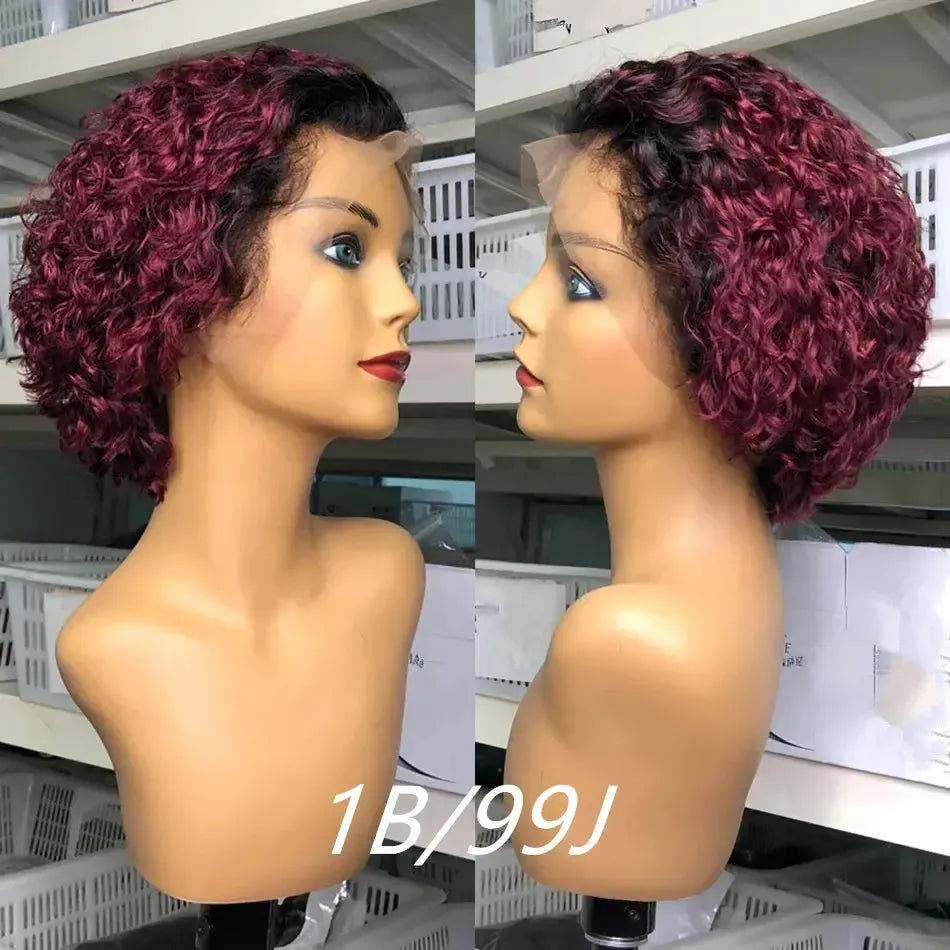 Burgundy Highlight Honey Colored Short Curly Pixie Cut Lace Wig-Wig-Bennys Beauty World