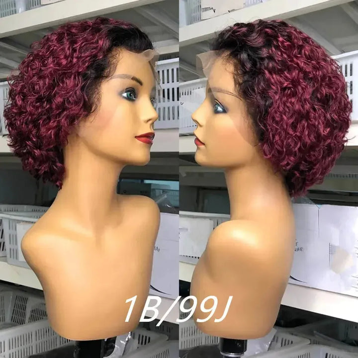Burgundy Highlight Honey Colored Short Curly Pixie Cut Lace Wig-Wig-Bennys Beauty World