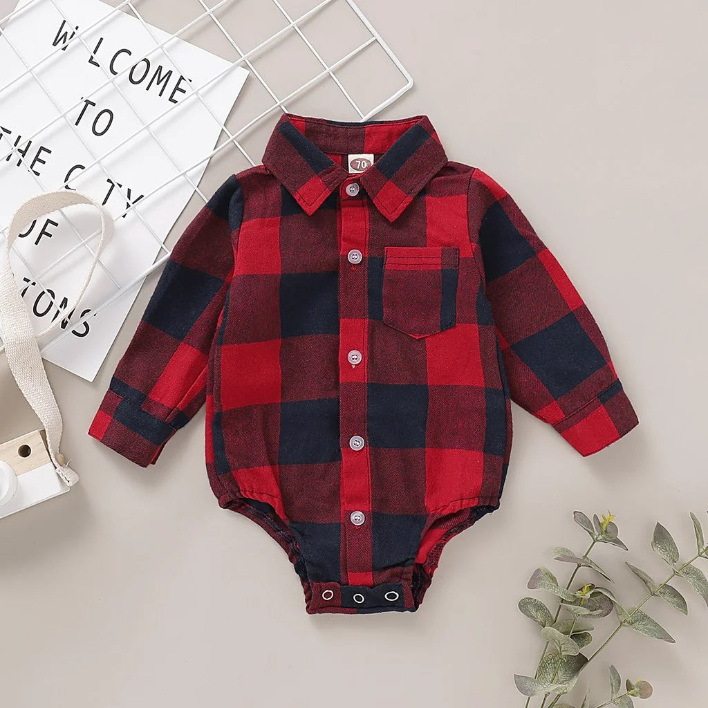 Newborn Baby Boy Bodysuit Plaid Long-Sleeved Shirt