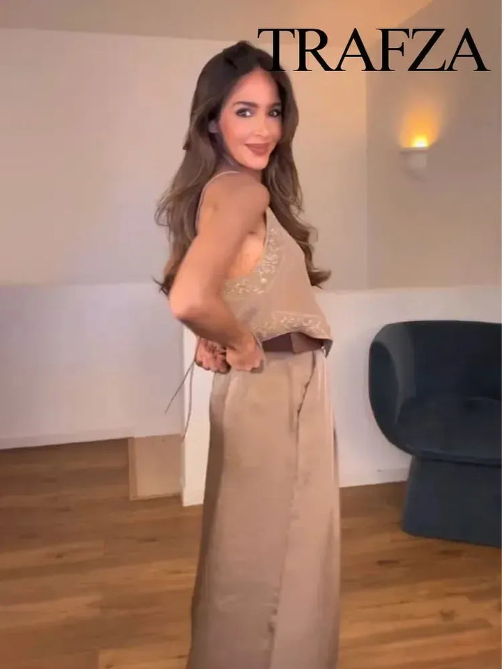 Women's Summer V-Neck Sling Top – Light Brown Sleeveless Camisole-Outfit Set-Bennys Beauty World