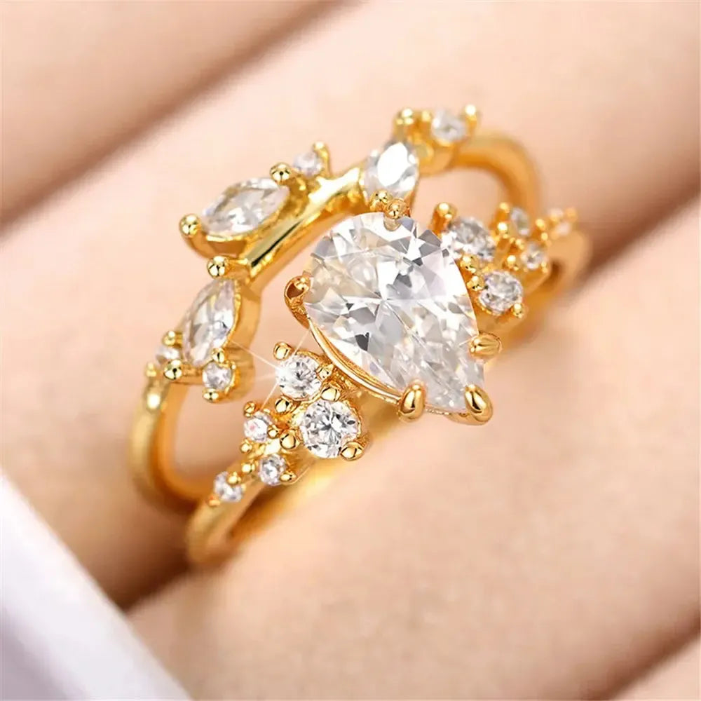 Water Drop Cubic Zirconia Bridal Ring Set – 2-Piece Gold Tone Wedding Band Set for Women-rings-Bennys Beauty World