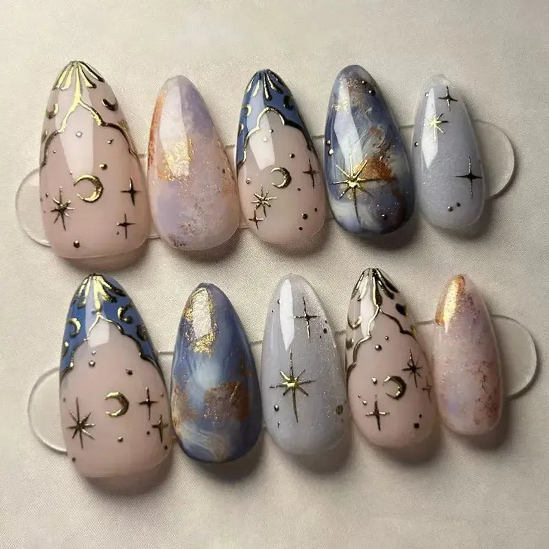 French Almond Press-On Nails – 24 Pcs Blue Star Pattern False Nails-Nails-Bennys Beauty World
