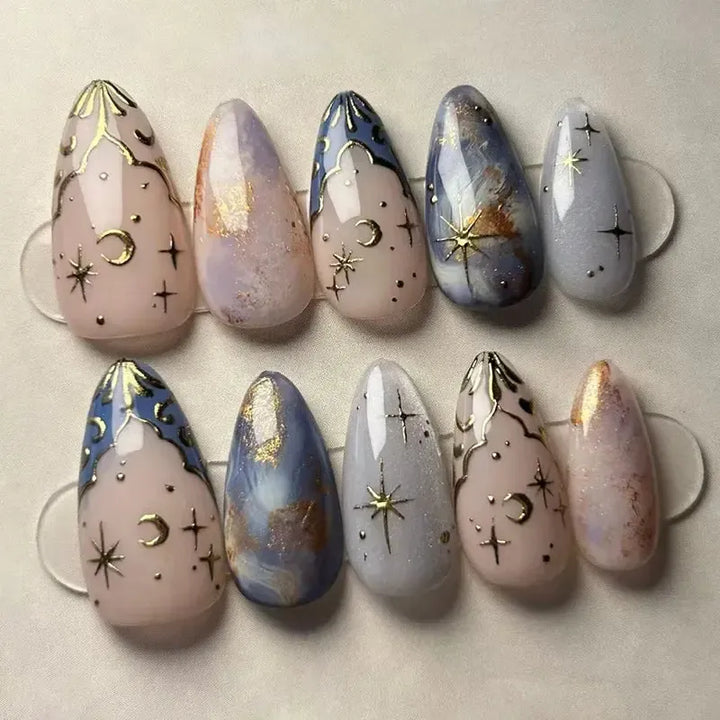French Almond Press-On Nails – 24 Pcs Blue Star Pattern False Nails-Nails-Bennys Beauty World