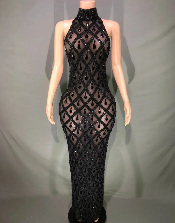 Sparkly Rhinestones Sleeveless Long Dress Elegant Dark Mesh Celebrate Evening Wedding Prom Gown Birthday Dress Photograph Wear-Bennys Beauty World