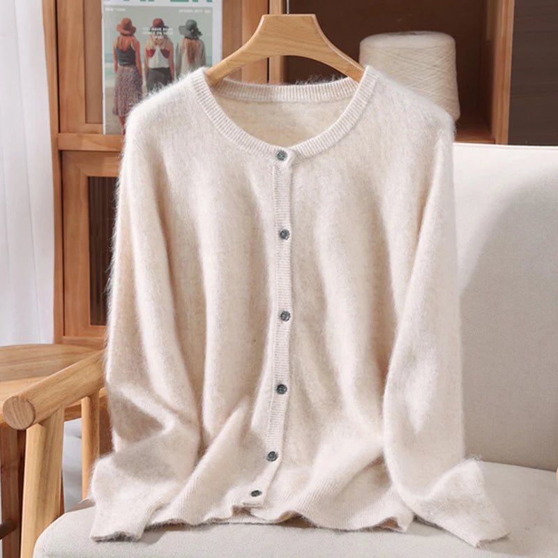 New Women 100% Mink Cashmere Sweater O-Neck Buttons Cardigan Autumn Winter Soft Warm Cable Kint Sweater Casual Long  Sleeve Tops