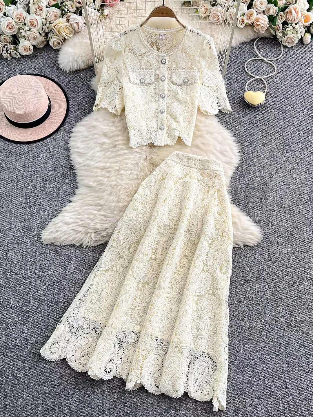 Elegant Pearl Long Dress Suits Women 2-Piece Sets