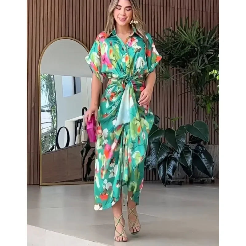 Women Dresses Short Sleeve Turn Down Collar Dress-Dresses-Bennys Beauty World