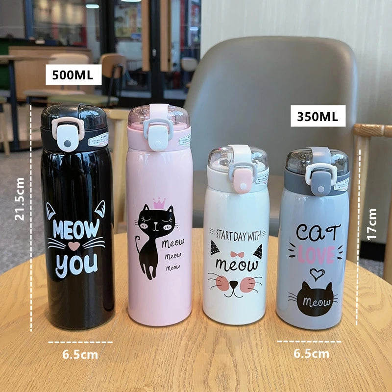 500ml Cartoon Cat Stainless Steel Thermal Flask With Straw