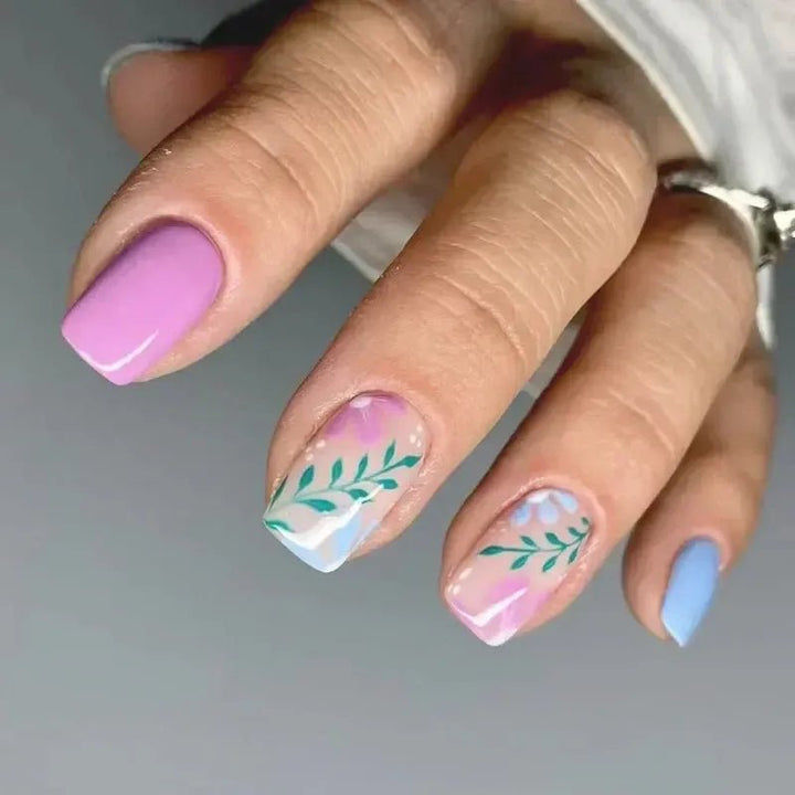 Short Square French Flower Press - On Nails 24 Pcs - Bennys Beauty World