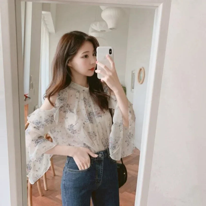 Floral Chiffon Shirts & Blouses For Women Off Shoulder Women's Top-Blouse-Bennys Beauty World