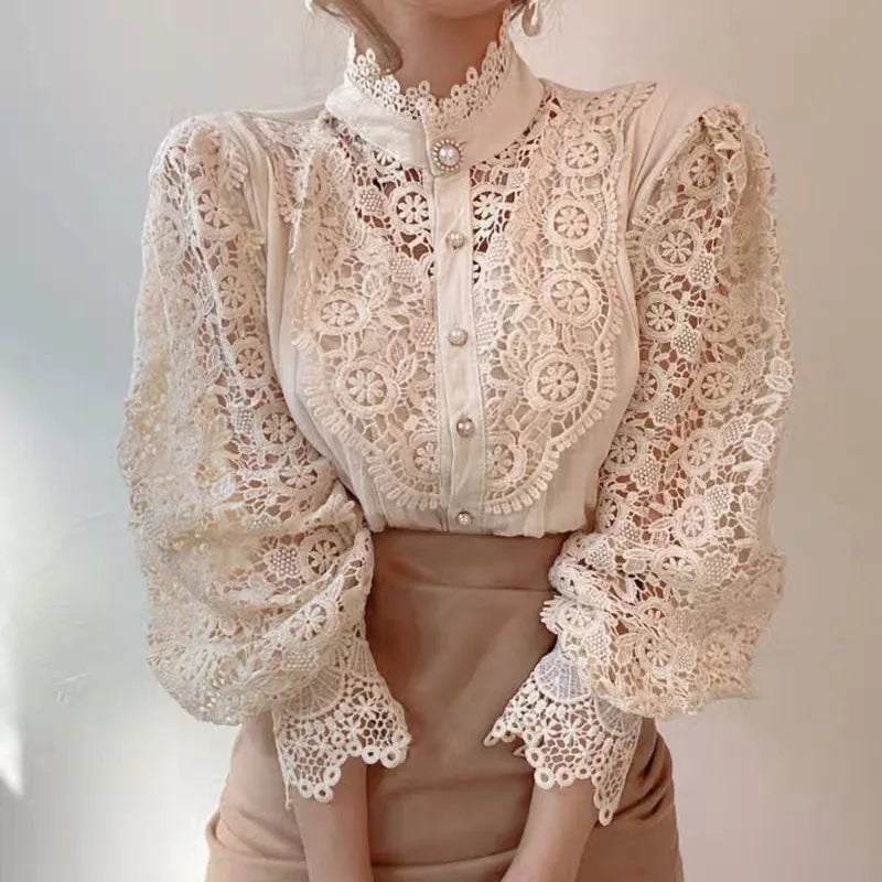 Elegant Lace Tops Embroidery Hollow Out Solid Tunic Blouse