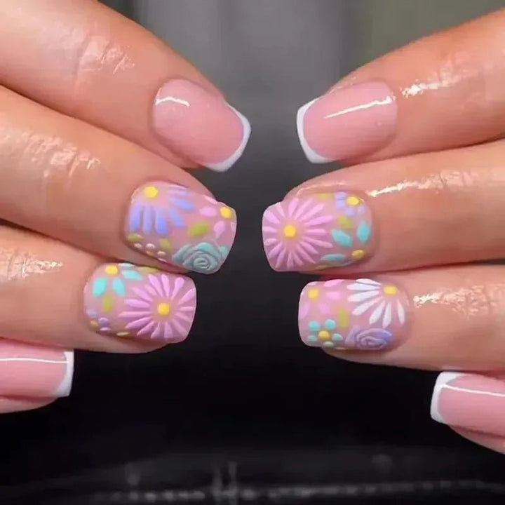 Short Square French Flower Press - On Nails 24 Pcs - Bennys Beauty World