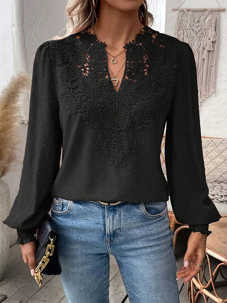 Women's Elegant V-Neck Lace Blouse – Long Sleeve Hollow Out Blouse