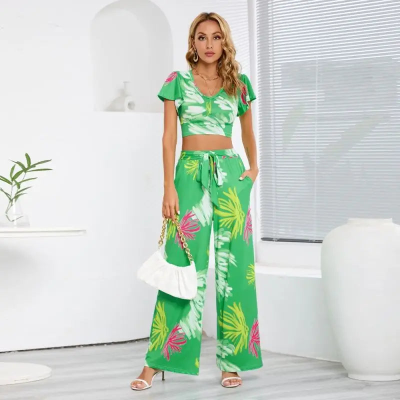 Women's summer V-neck lantern sleeve short top high waisted wide leg pants fashion casual set