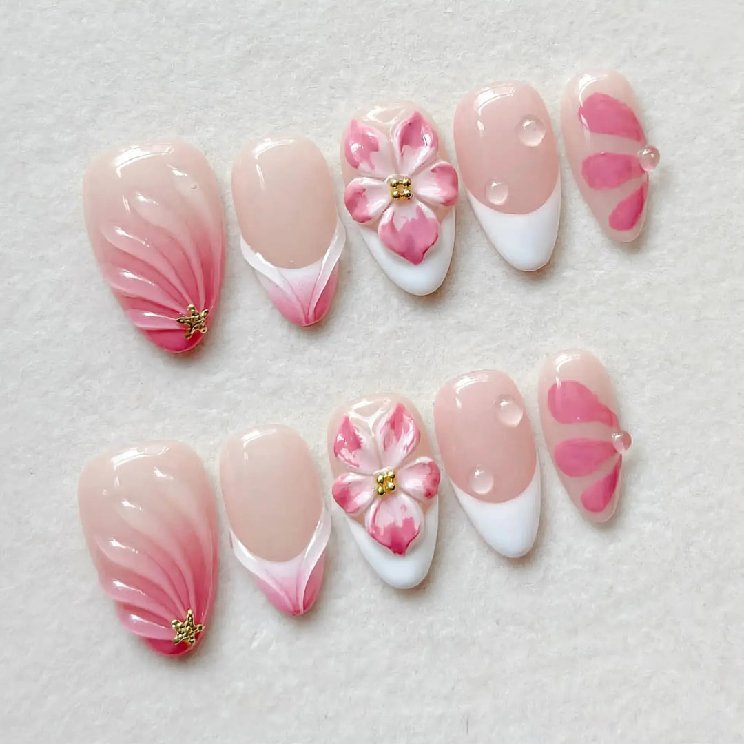 Gradient Pink Almond Press-On Nails – 24 Pcs Flower &amp; Pearl Design False Nails-Nails-Bennys Beauty World