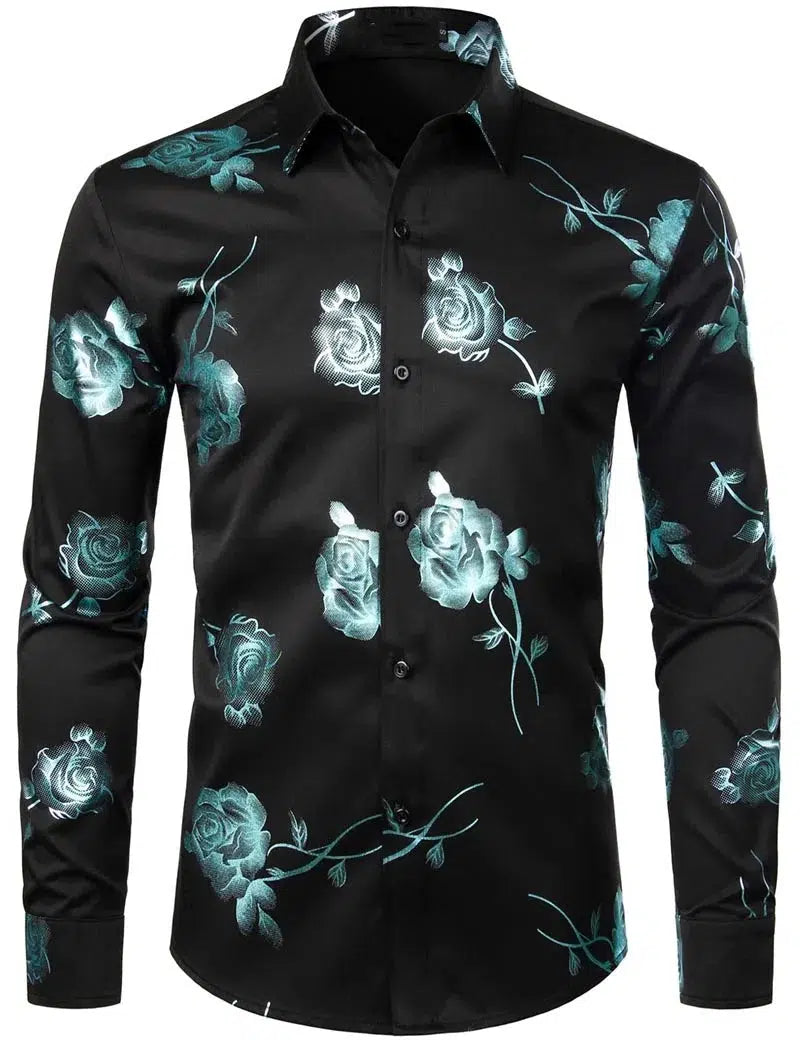 Fashion Men's Shirt Flowers 3D Printing Lapel Button Top Long Sleeve Shirt-shirt-Bennys Beauty World