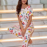 Womens Short Sleeve Pajama Sets Floral Print Top And Long Pants Sleeepwear-pajamas-Bennys Beauty World