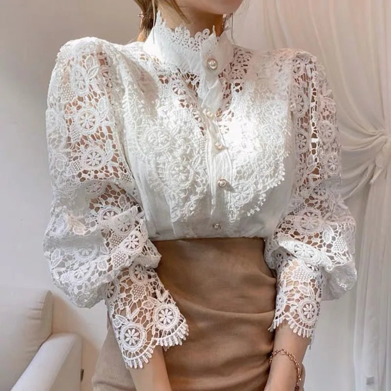 Elegant Lace Tops Embroidery Hollow Out Solid Tunic Blouse