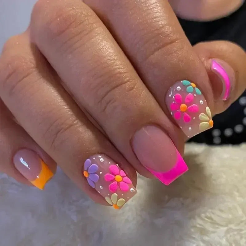 Short Square Press-On Nails – 24 Pcs French Colourful Flower Design False Nails-Nails-Bennys Beauty World