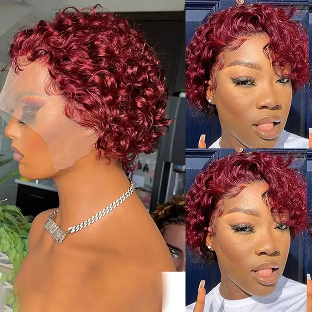 Burgundy Highlight Honey Colored Short Curly Pixie Cut Lace Wig-Wig-Bennys Beauty World