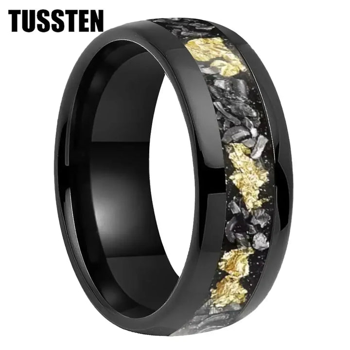 TUSSTEN Tungsten Carbide Wedding Band Ring – 4/6/8MM Dome Edge with Meteorite &amp; Gold Foil Inlay-Bennys Beauty World