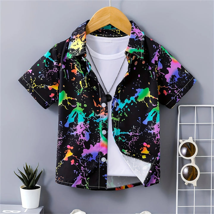 Boys Colorful Splash Ink Print Short Sleeve Shirt | Kids Casual Summer Top