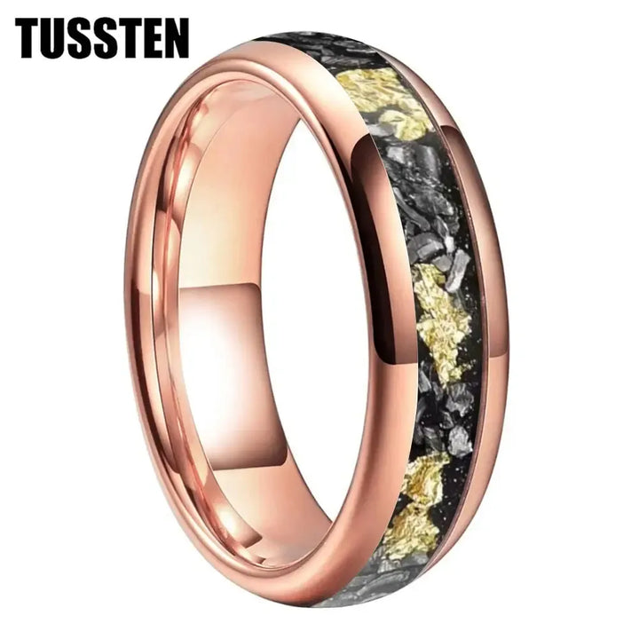 TUSSTEN Tungsten Carbide Wedding Band Ring – 4/6/8MM Dome Edge with Meteorite &amp; Gold Foil Inlay-Bennys Beauty World