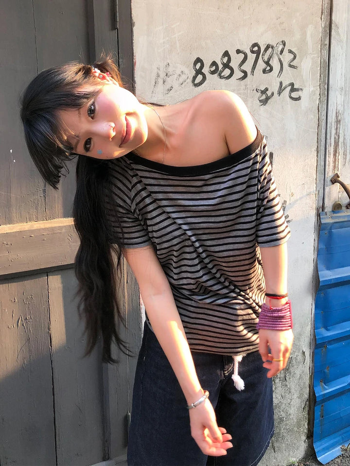 T-Shirt For Women Striped Off-Shoulder Grunge Tops