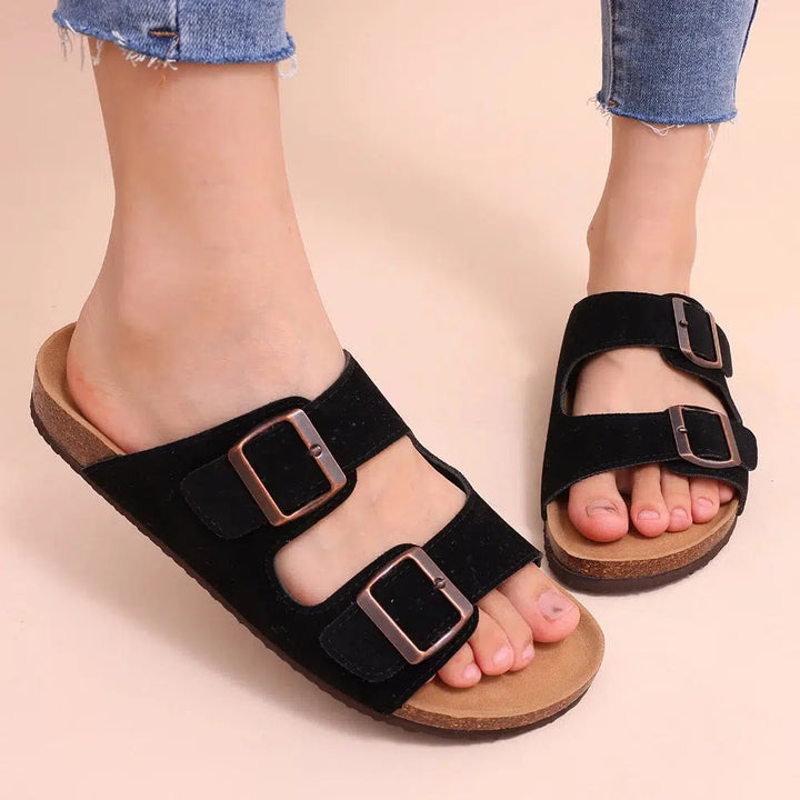 Comwarm Cork Footbed Sandals Women Summer Fashion Suede Flats Sandals With Arch Support Couple Open Toe Beach Slides Adjustable-Bennys Beauty World