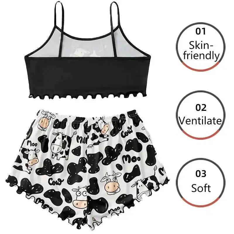 Women Pajamas Sleepwear Pajama Set Sports Camisole And Shorts S M L Black Cow Cartoon Print Ventilate Soft Casual-Bennys Beauty World