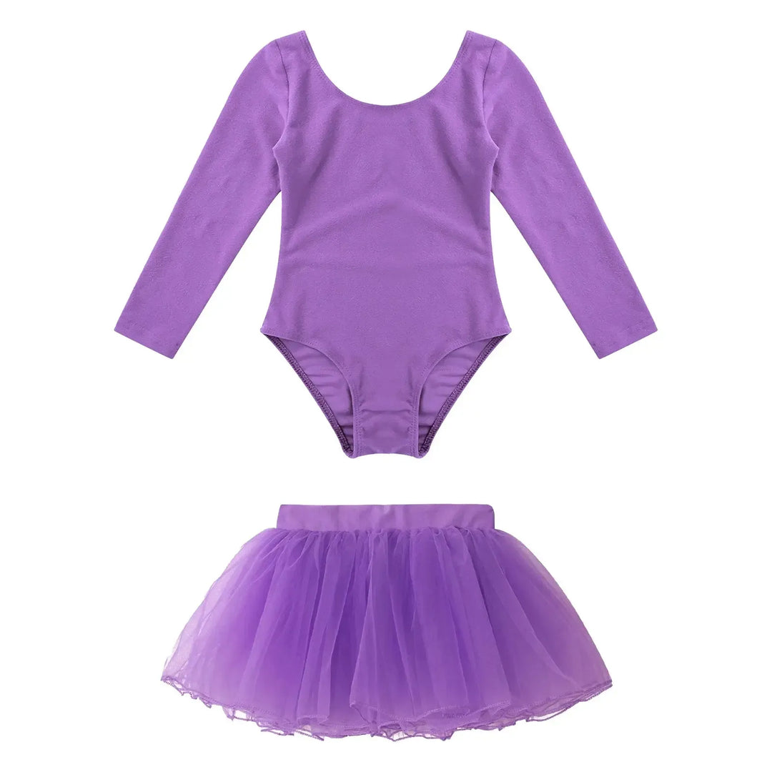 Girl Ballet Dance Leotard Long Sleeve Gymnastics Leotard+Tulle Tutu Skirt Outfit Kid Dance Training Workout Performance Bodysuit-Bennys Beauty World