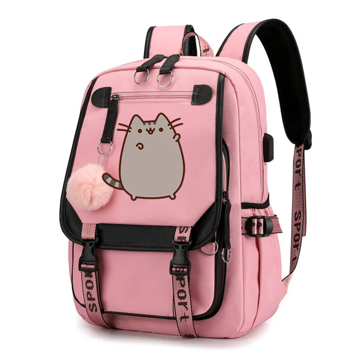 Kawaii Cartoon Cat Backpack – Pink Canvas School Bag for Girls & Teens
