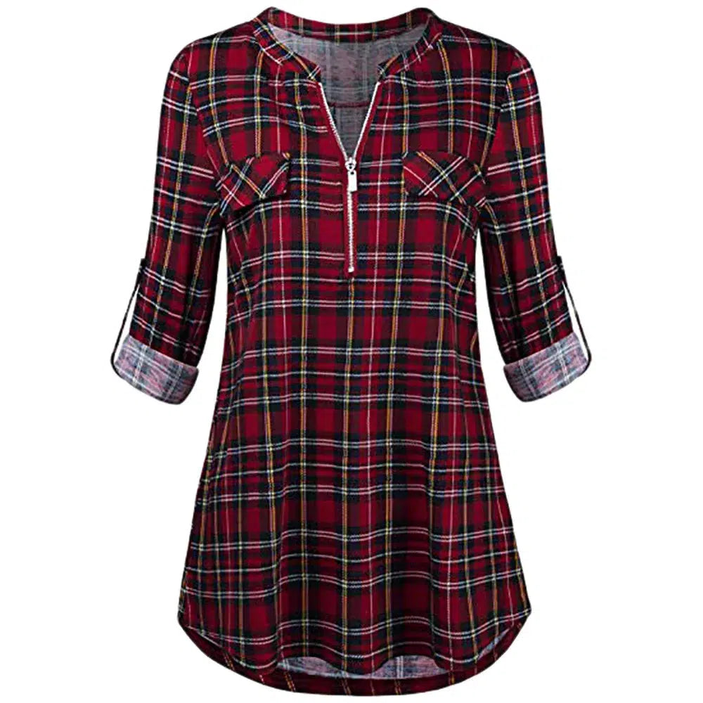 Womens Casual Rolled Sleeve Blouse Sexy Zipped V-neck Plaid Tunic Tops Spring Autumn 2022 Fashion Blouses And Shirts Chemise-Bennys Beauty World