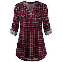 Womens Casual Rolled Sleeve Blouse Sexy Zipped V-neck Plaid Tunic Tops Spring Autumn 2022 Fashion Blouses And Shirts Chemise-Bennys Beauty World