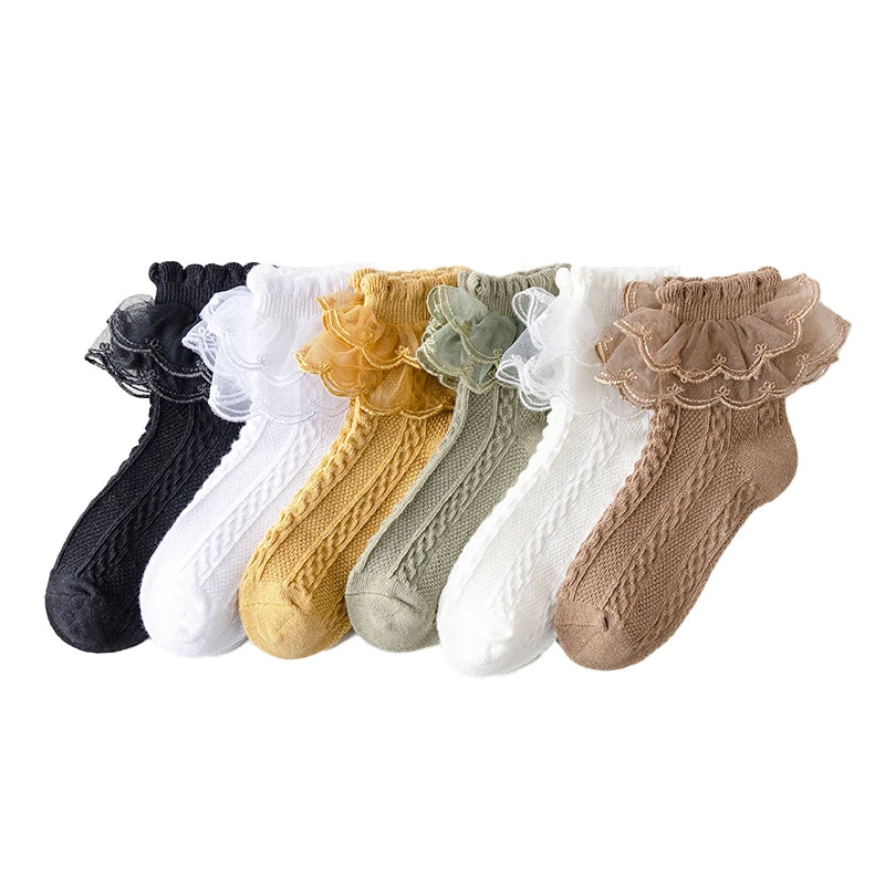 Girls Ruffle Lace Cotton Socks | 3 Pairs | Ages 1–10