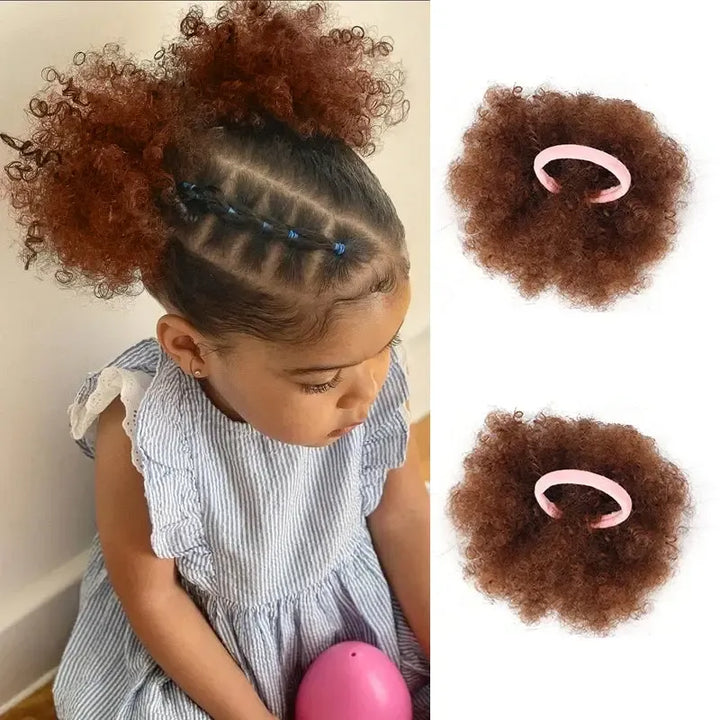2Pcs/pack Afro Puff Hair Bun for Kids Synthetic Kinky Curly Hair Ponytail Extensions with Hair Tie Cute Hair Bun Wig for Kids-Bennys Beauty World