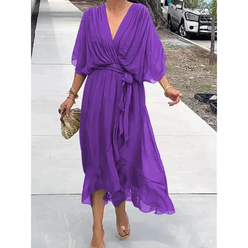 Women's Summer Dresses Solid Color Bat Sleeves Long Dress-Dresses-Bennys Beauty World