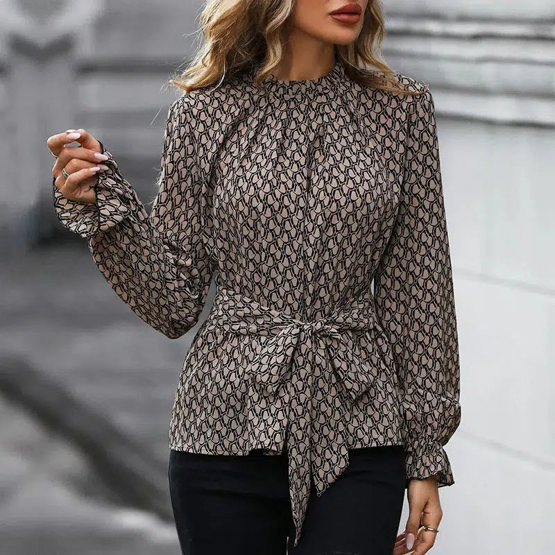 Women's Clothing Autumn and Winter Lace Up Round Neck Long Sleeve Blouse-blouse-Bennys Beauty World