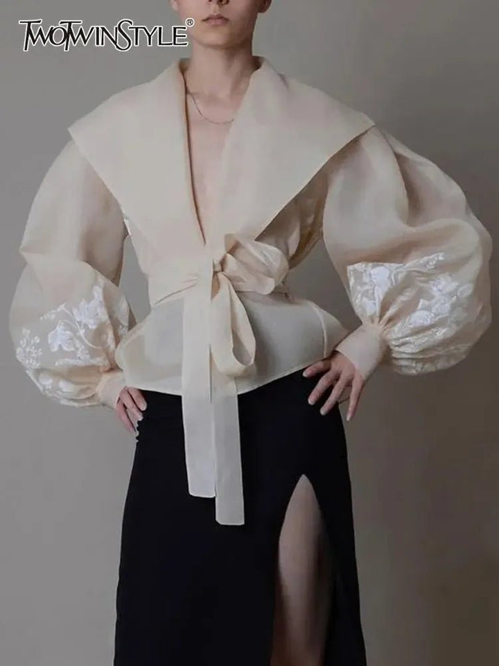 Women’s Colorblock V - Neck Lantern Sleeve Blouse – Lace - Up Patchwork Shirt - Bennys Beauty World